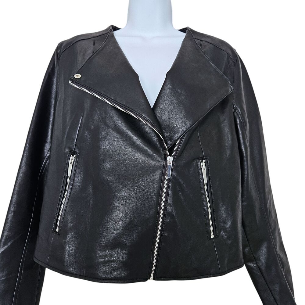 Mango MNG Faux Leather Biker Moto Jacket Womens Medium Black Zip - Picture 5 of 11